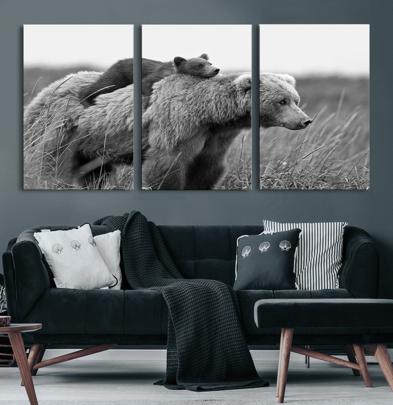 76338-MGV-CV-60X30-3P-Bear and Cub Wall Art Canvas | 399 Bear Cub Wildlife-Inspired Animal Art for Living Room or Office |