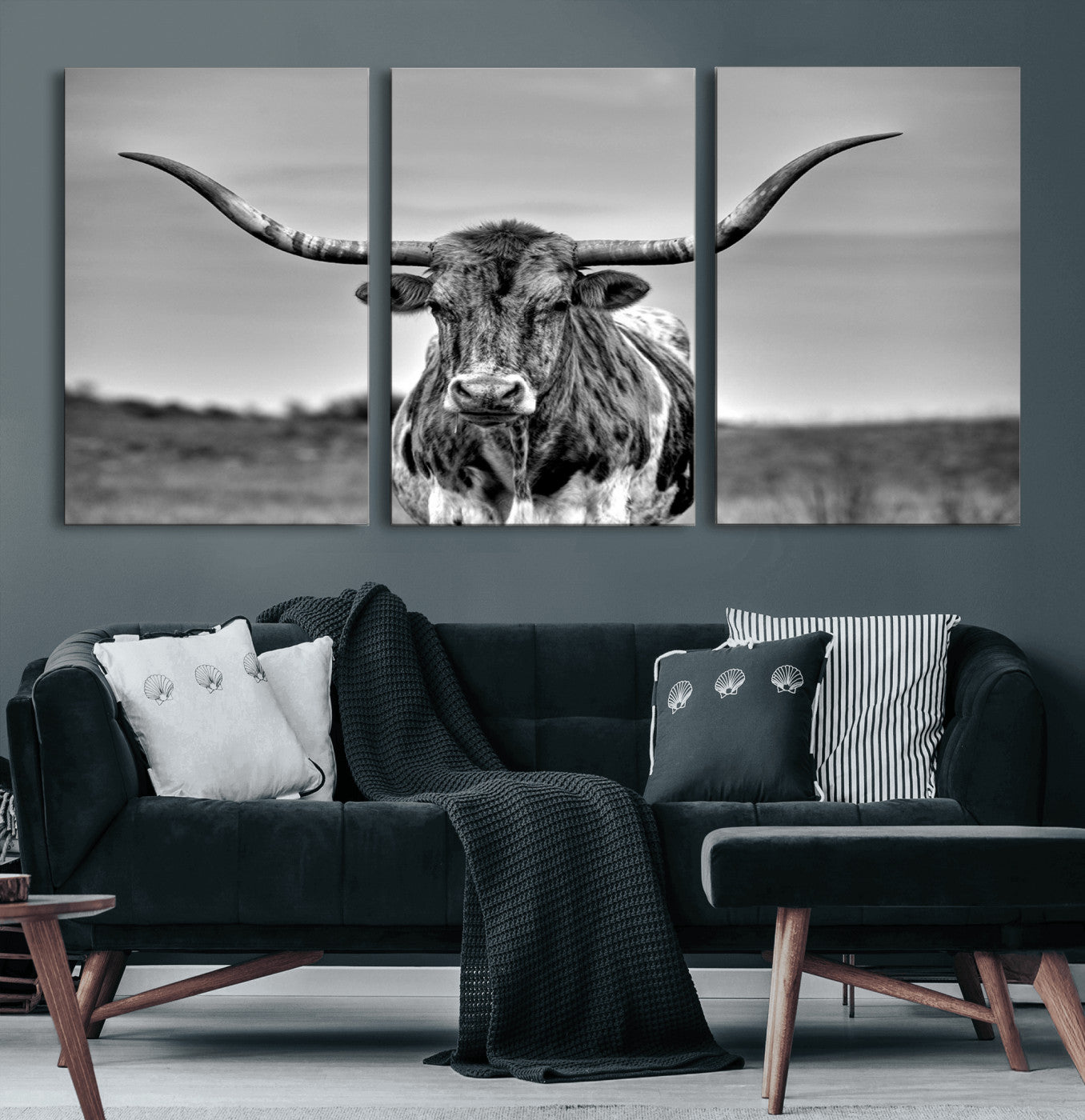 70836-MGV-CV-60X30-3P-Texas Longhorn Cow Wall Art, Texas Longhorn Canvas, Cattle Canvas Print