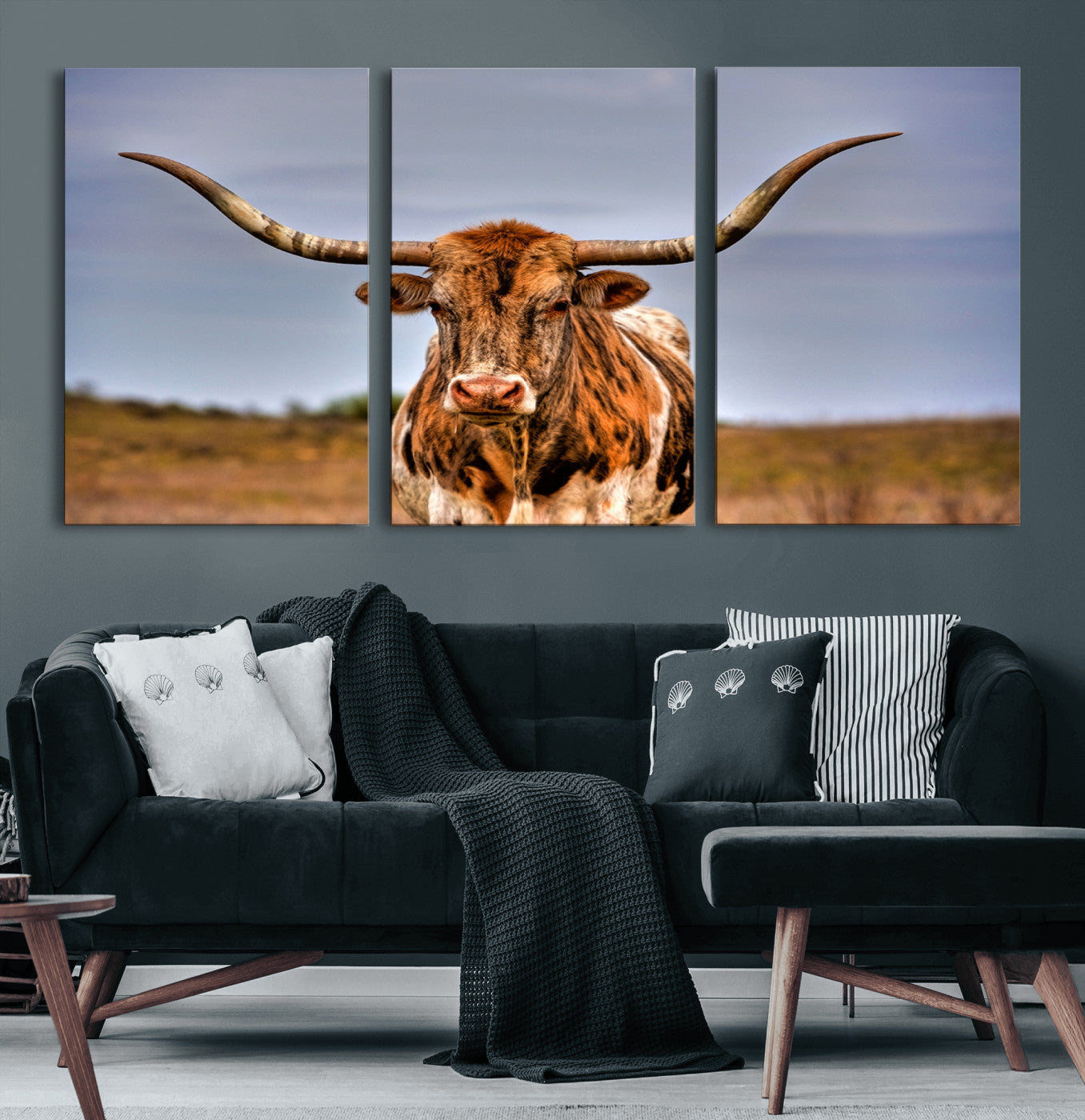 18594-MGV-CV-60X30-3P-Texas Longhorn Wall Art Print, Framed Longhorn Cow Wall Art