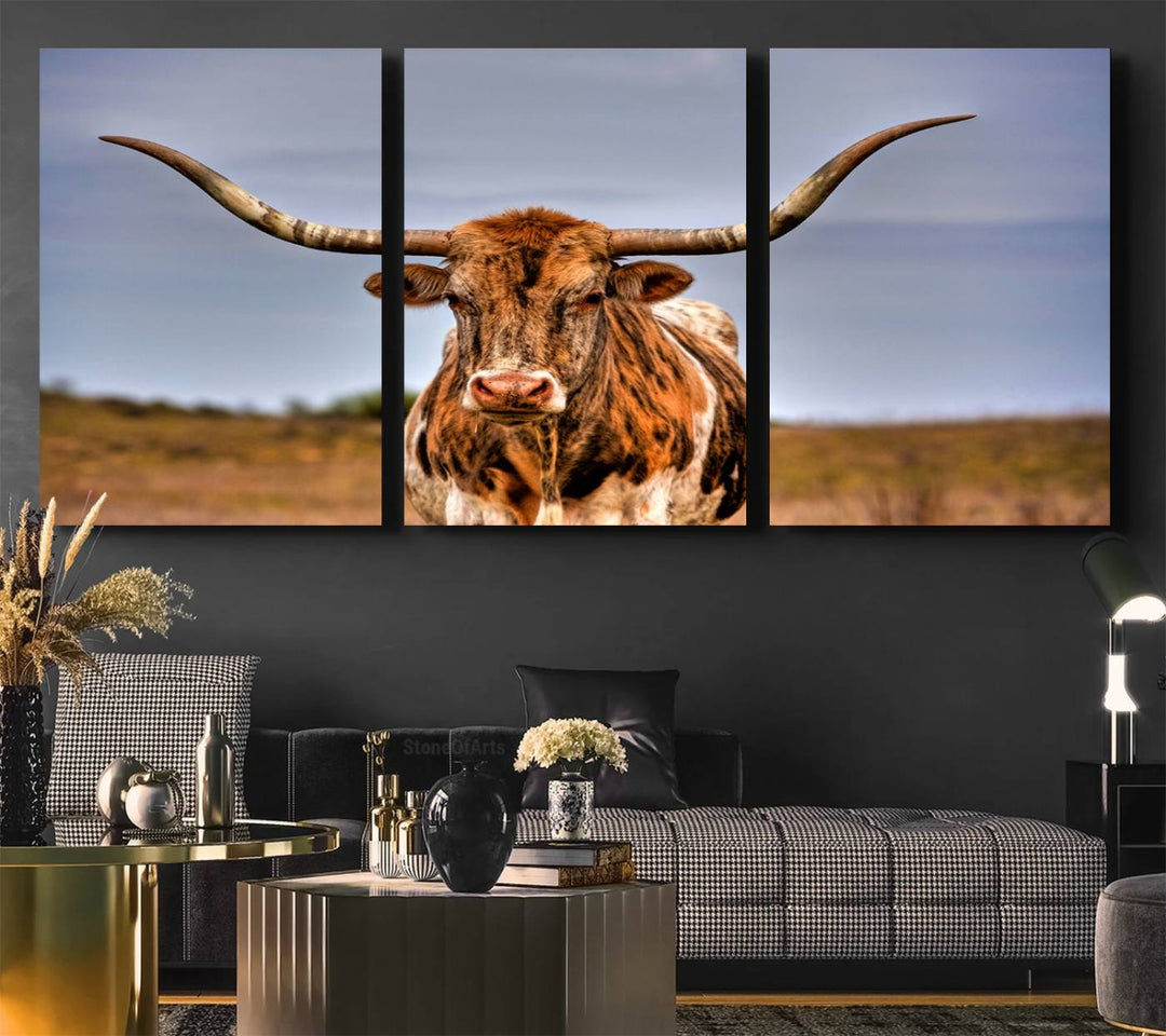 The Texas Longhorn Wall Art Print is displayed in a stylish living room.