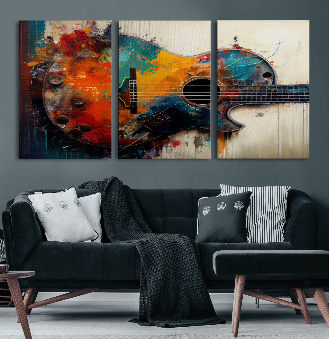 MGV-CV-60X30-3P - Abstract Guitar Wall Art Canvas | Vibrant Music-Inspired Art for Living Room or Studio | Colorful Music Decor Canvas Print
