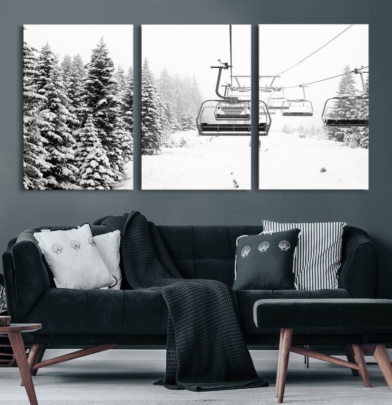 70609-MGV-CV-60X30-3P-Winter Forest Wall Art Canvas Print – Framed Snowy Mountain Scene with Ski Lift Landscape Artwork for Home, Office Decor