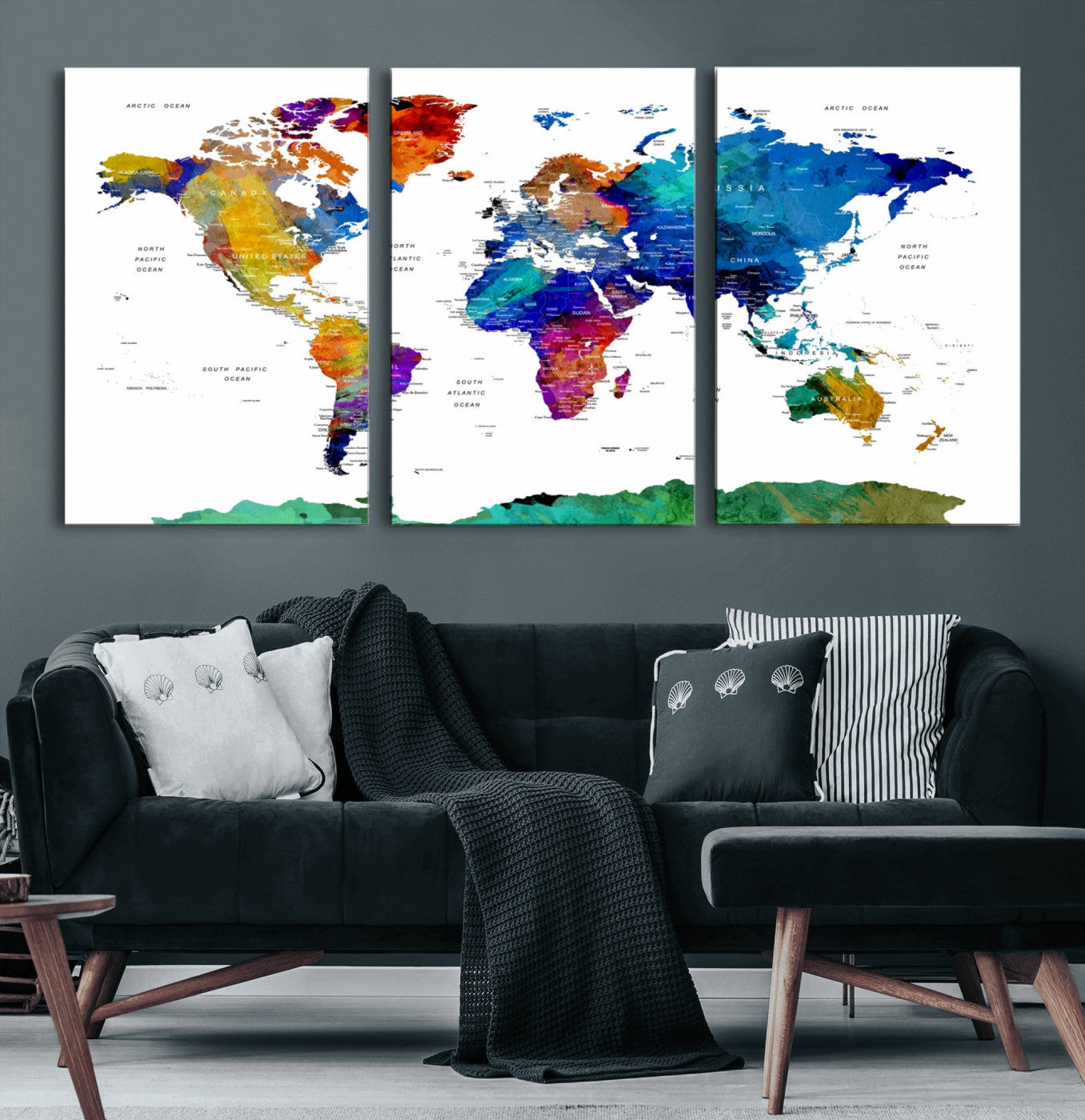48979-MGV-CV-60X30-3P-Colorful Watercolor World Map Canvas Print – Vibrant Framed Travel Map Wall Art, Modern Decor for Living Room or Office