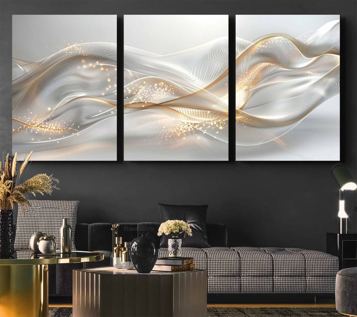 The Abstract Art Grey and Gold Lines Wall Art is a standout piece.