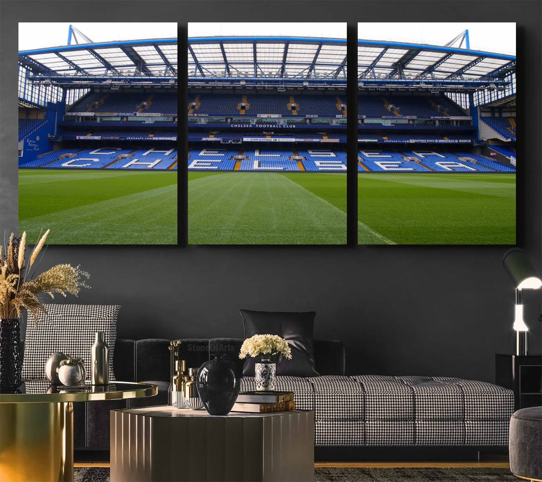 The wall art features a Chelsea FC Stamford Bridge Stadium canvas print.