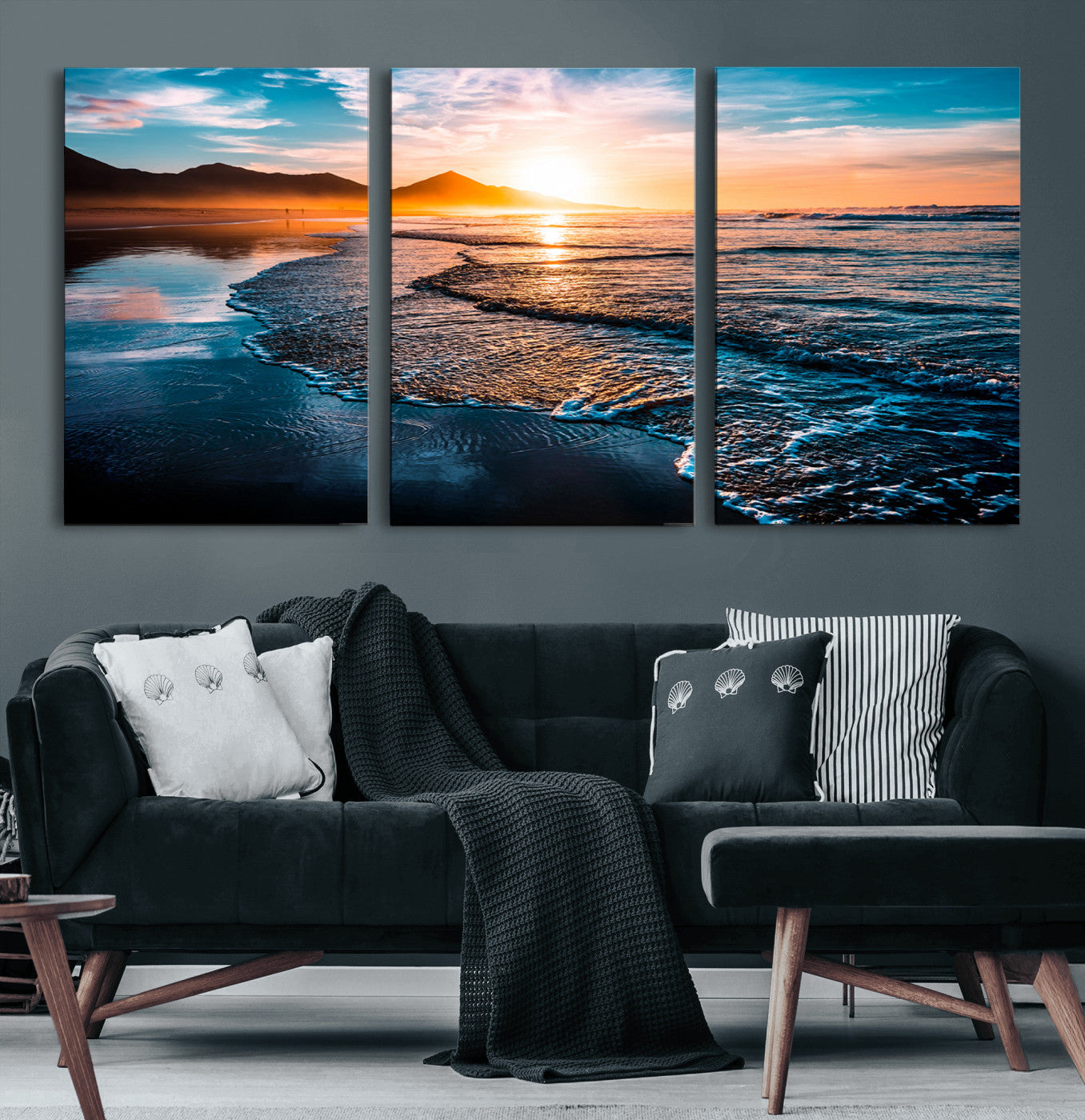 26494-MGV-CV-60X30-3P-Beach Ocean Sunset on the Sea Wall Art Canvas, Beach Ocean Sunset Canvas Print