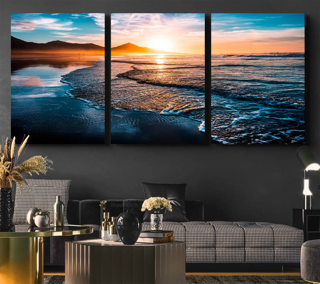 The Sunset Beach Ocean Canvas Wall Art – Tranquil Reflections at Dusk enhances the ambiance with its captivating depiction of serene ocean views at dusk.