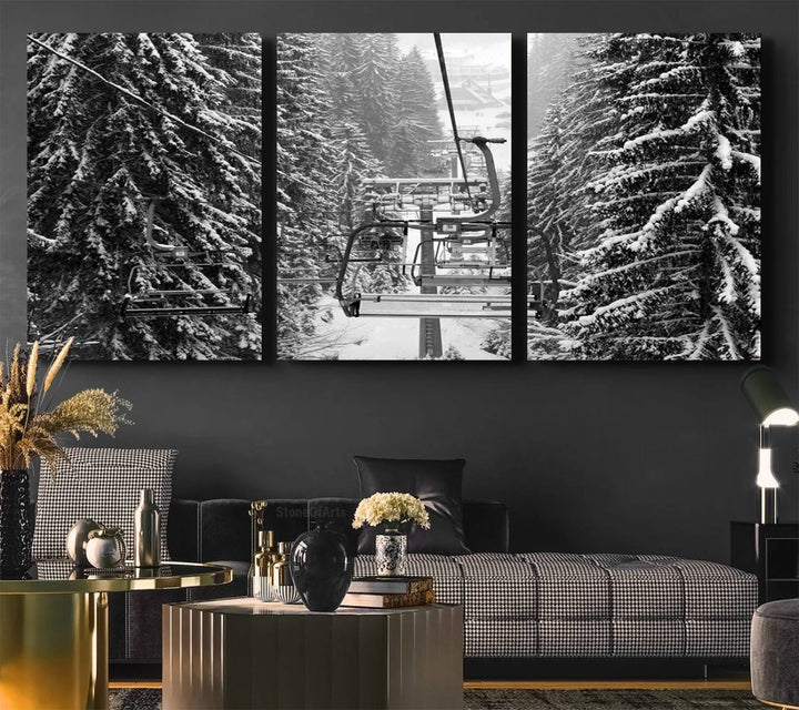 The Winter Ski Lift Canvas in minimalist style adds a unique touch to the dining room.