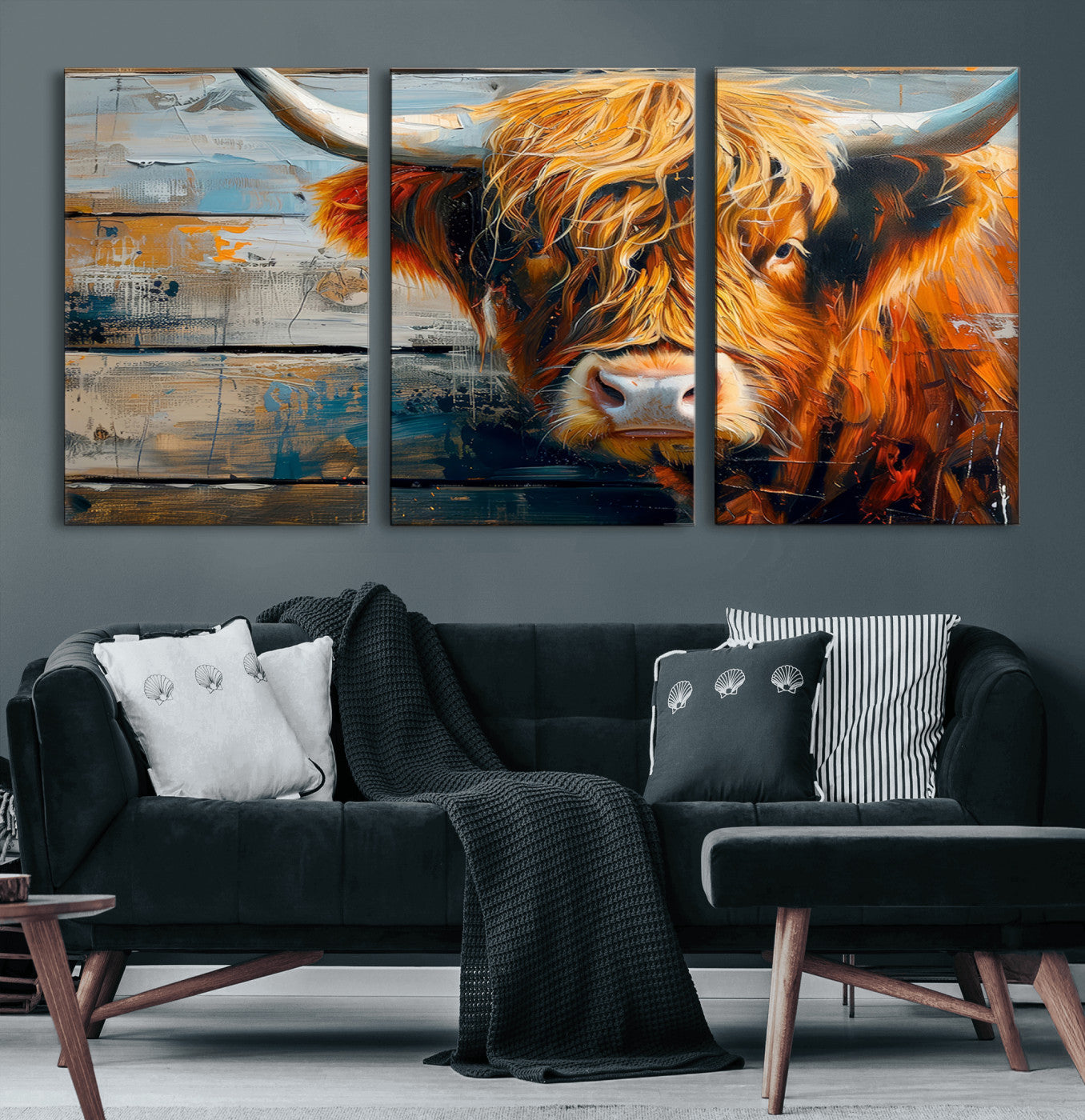 92312-MGV-CV-60X30-3P-Highland Cow Abstract Canvas Wall Art – Bold Farmhouse Rustic Decor – Ready to Hang