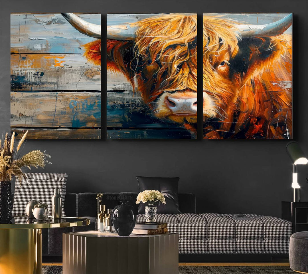 The dining room features Highland Cow Abstract Canvas Wall Art in a farmhouse rustic decor style.