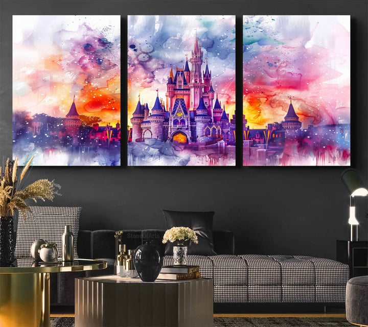 The watercolor Disney Wall Art showcases Cinderellas Castle in pink, purple, and orange hues.