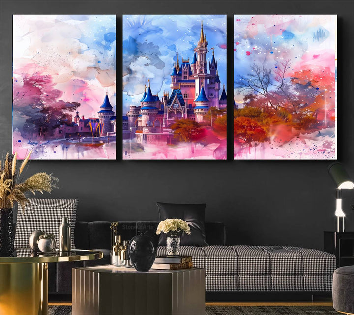 A Disney Wall Art: Dreamy Watercolor Cinderella Castle Canvas Print hangs prominently.