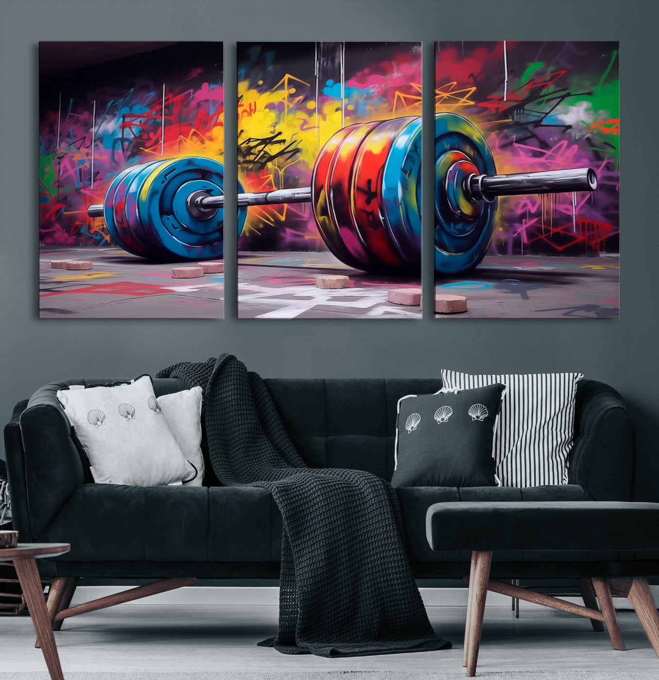 13549-MGV-CV-60X30-3P-Abstract Graffiti Barbell Canvas Wall Art – Urban Fitness Meets Bold Street Art Print - Gym Wall Art