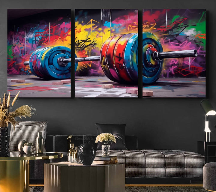 The Abstract Graffiti Barbell Canvas Wall Art is displayed on a porch.