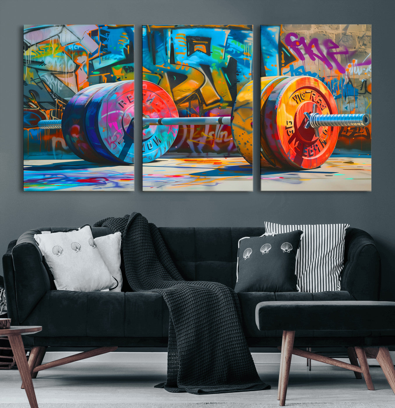 70871-MGV-CV-60X30-3P-Fitness Gym Barbell Graffiti Wall Art Canvas Print