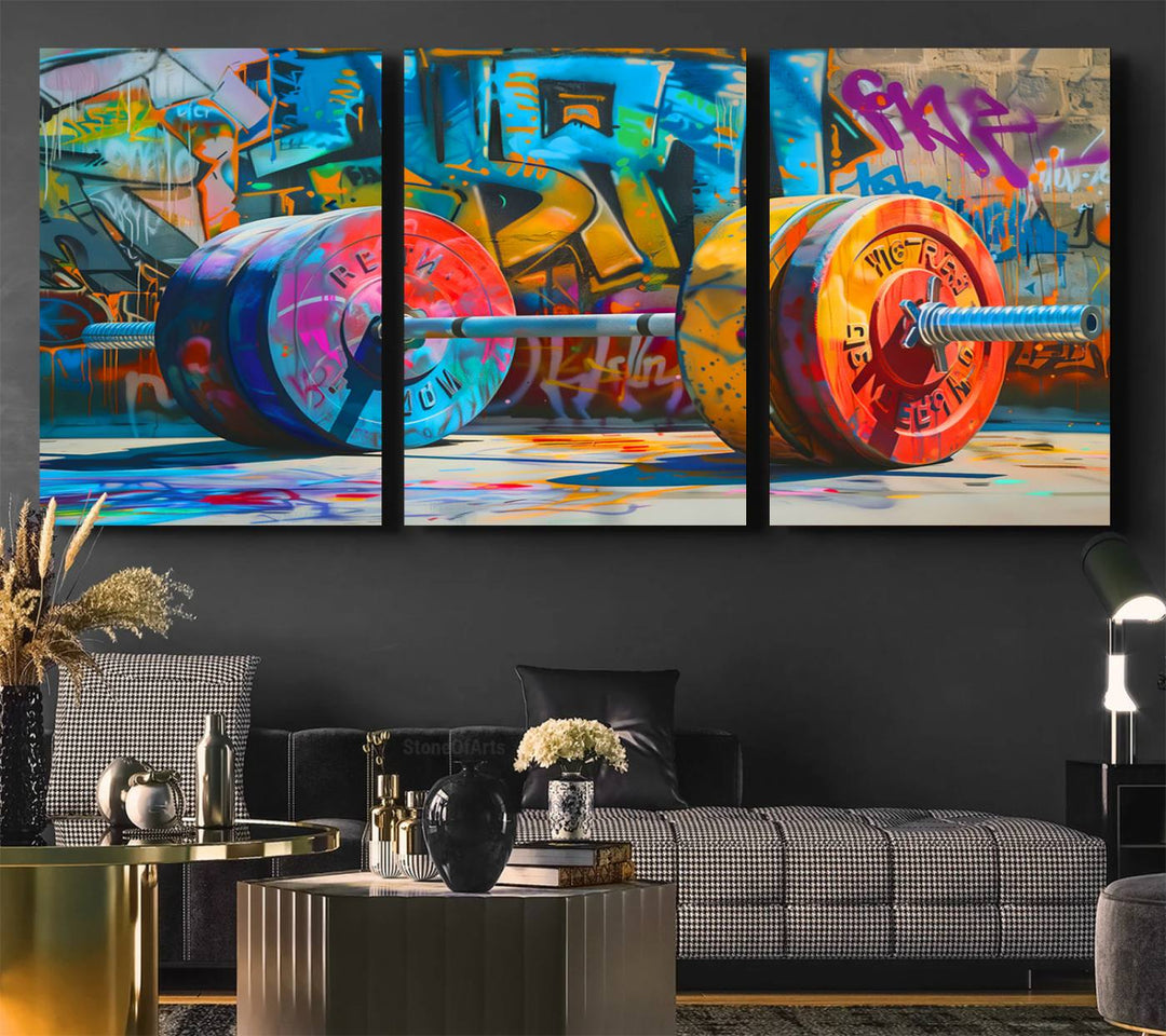 A Fitness Gym Barbell Graffiti Wall Art Canvas Print is displayed.