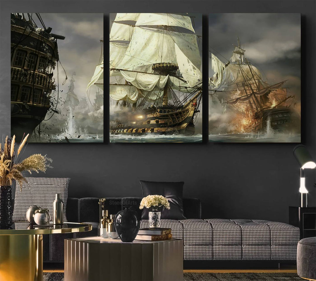 Featuring a dramatic Pirate Ship War Wall Art Canvas Print.