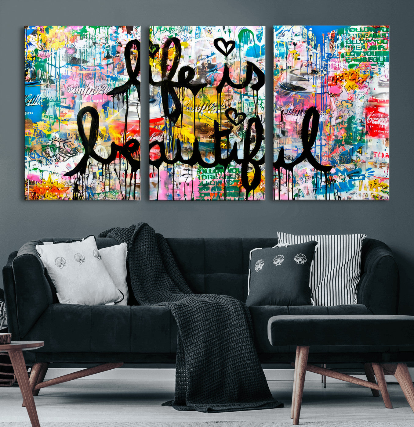 24774-MGV-CV-60X30-3P-Life Beautiful Art Print - Banksy Graffiti Wall Art Canvas Print | Graffiti Wall Art Canvas Print