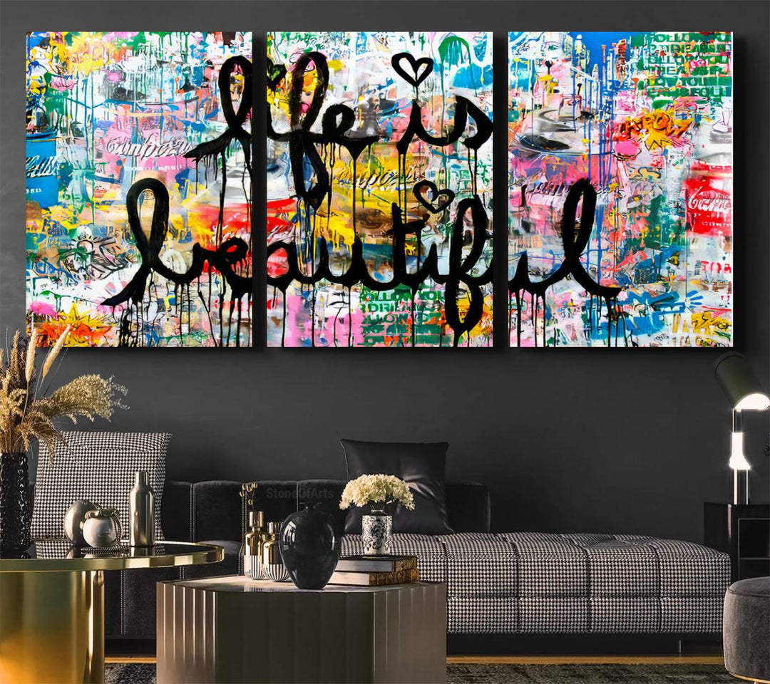 The Life Beautiful graffiti style canvas print is showcased in black script.