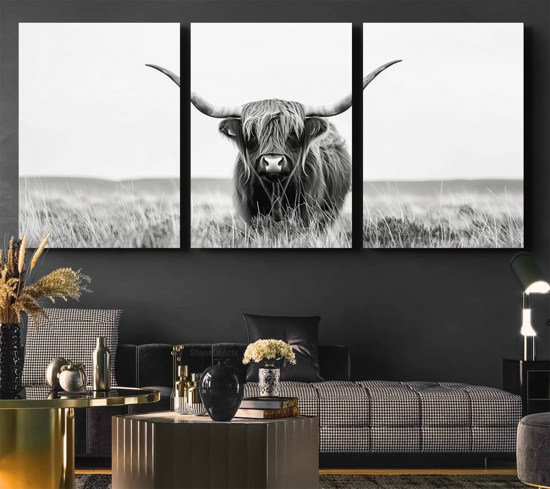 The Majestic Beauty canvas of a Highland cow adds elegance to the white walls as it hangs prominently.