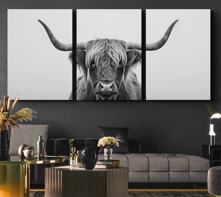 The Farmhouse Longhorn Wall Art Canvas Print adds rustic charm.