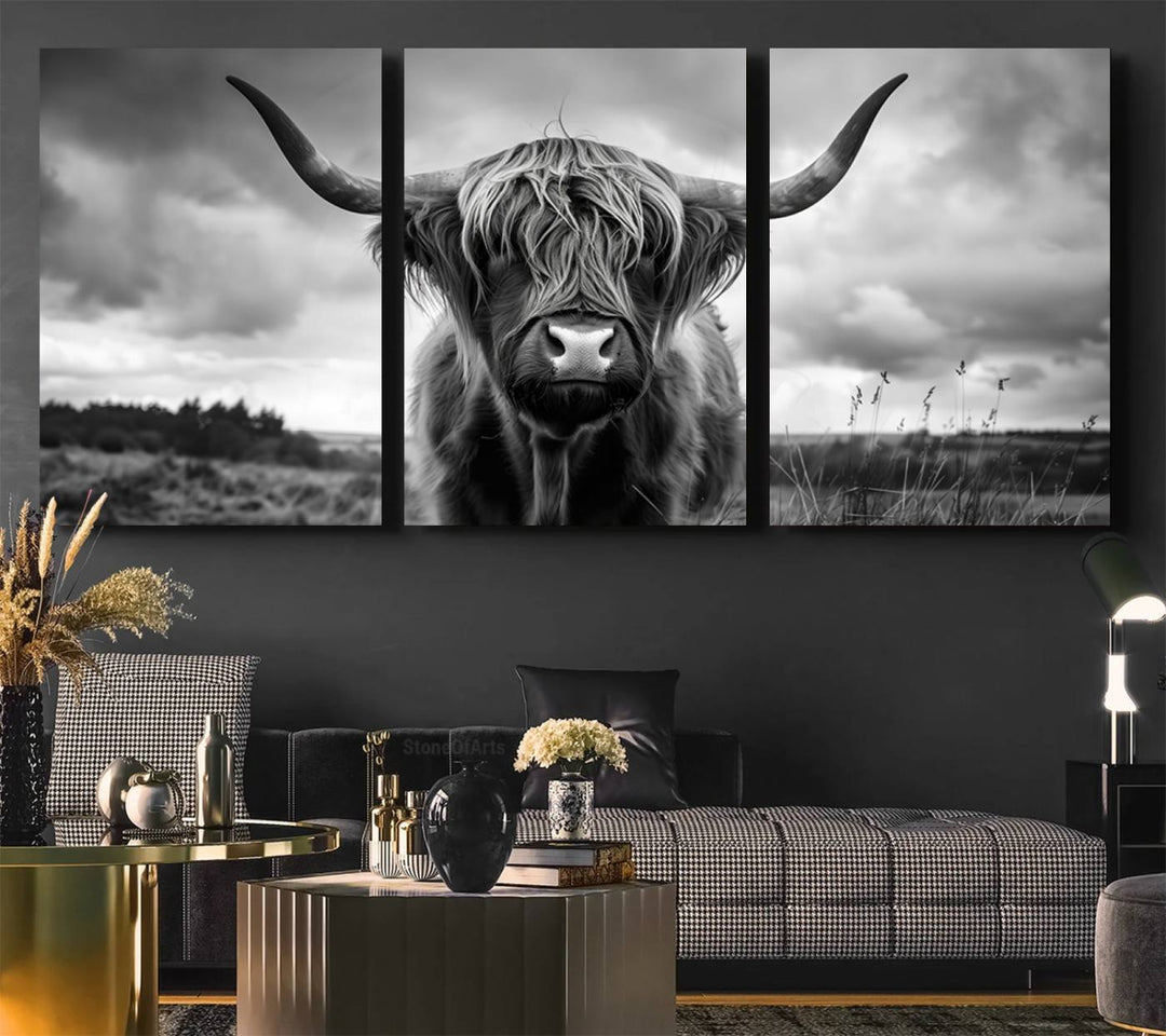 A large Scottish Cow Wall Art Canvas Print hangs on the wall.