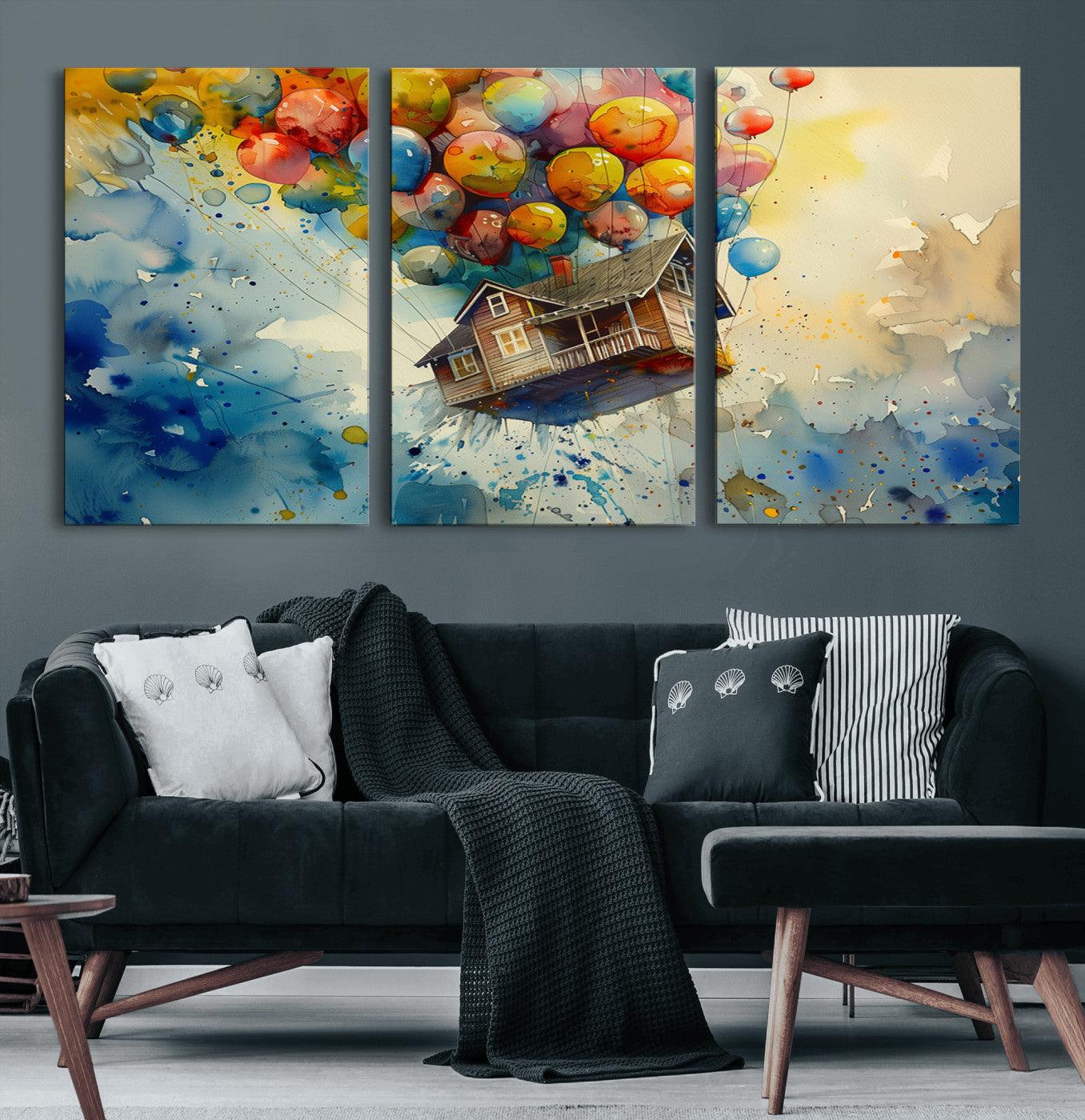 77149-MGV-CV-60X30-3P-UP-Inspired Floating House with Balloons Canvas Art – Colorful 3-Panel Wall Decor for Living Room,