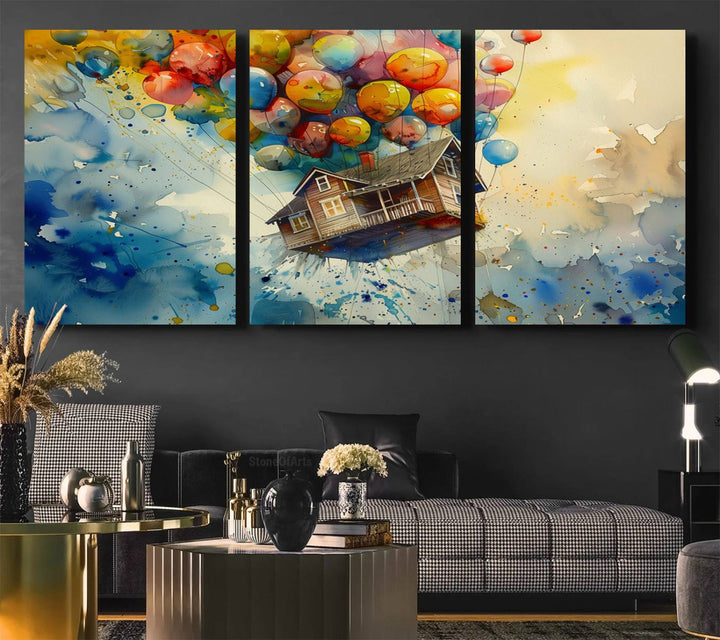 UP-Inspired Floating House with Balloons Triptych Canvas Art – Colorful 3-Panel Wall Decor for Living Room, Office, or Nursery