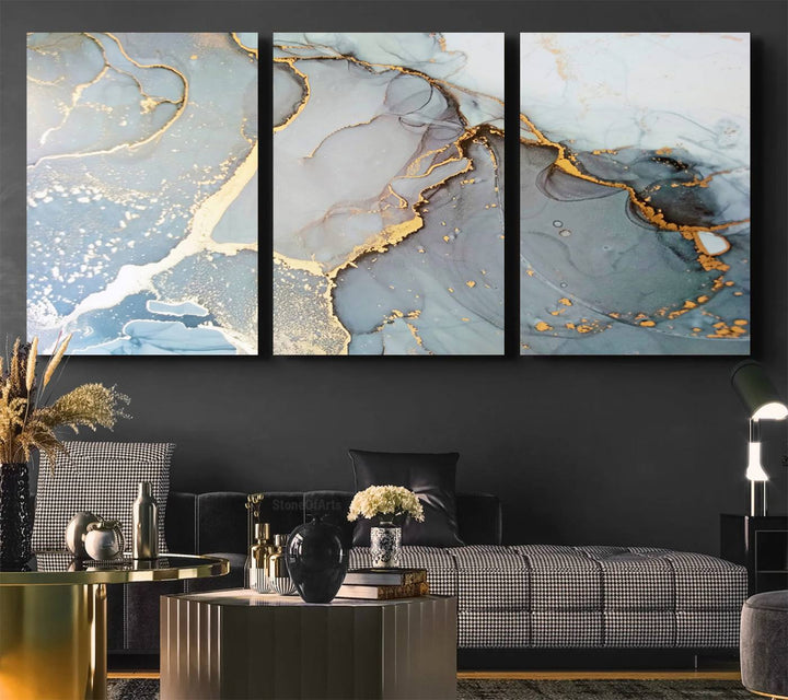 A blue and gold marbled Large Abstract Marble Wall Art Canvas Print hangs overhead.