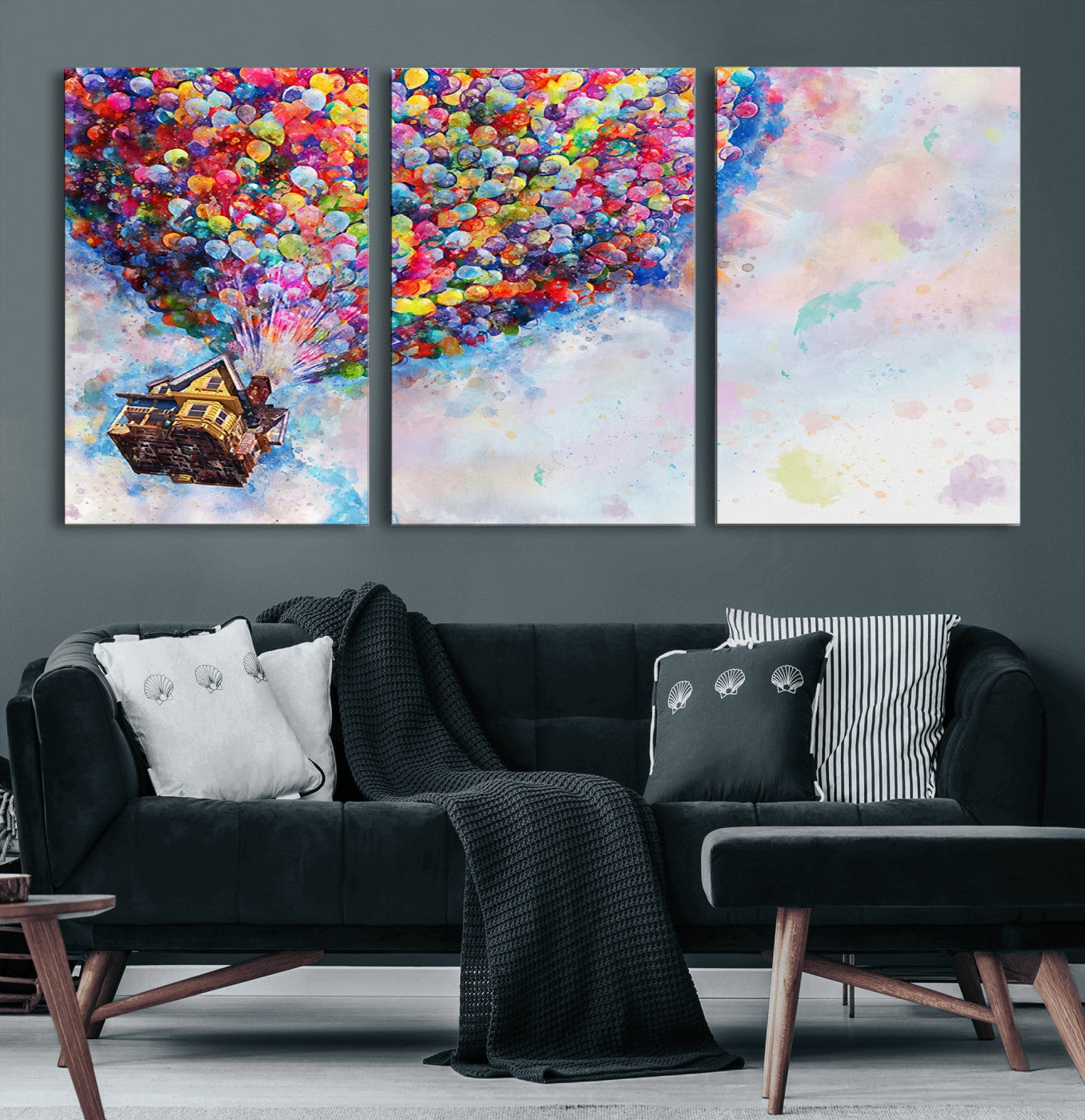 MGV-CV-60X30-3P - Don't Look Up Movie Canvas Wall Art - Vibrant Floating House and Balloons Scene, Tribute to Iconic