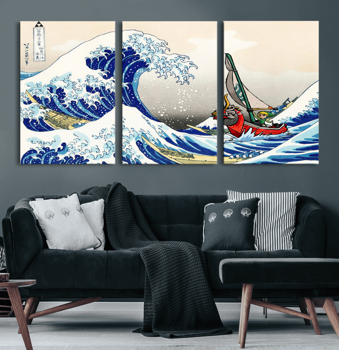 19450-MGV-CV-60X30-3P-Katsushika Hokusai Kanagawa Giant Wave Wall Art Canvas Print | Iconic Japanese Art for Living Room