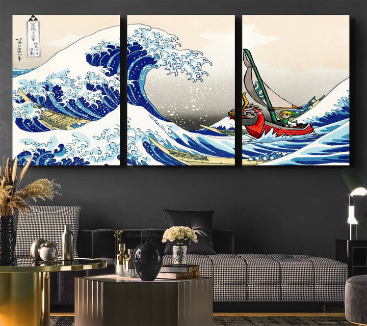 The Katsushika Hokusai Kanagawa Giant Wave Canvas print captures a vibrant sailing scene.