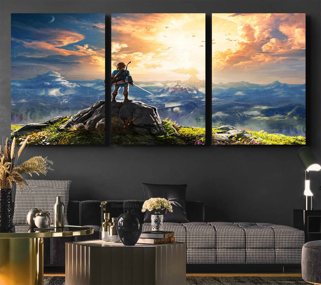 A vibrant Legend of Zelda Breath of the Wild canvas print depicts a figure standing on a rock with mountains and sky in the background.