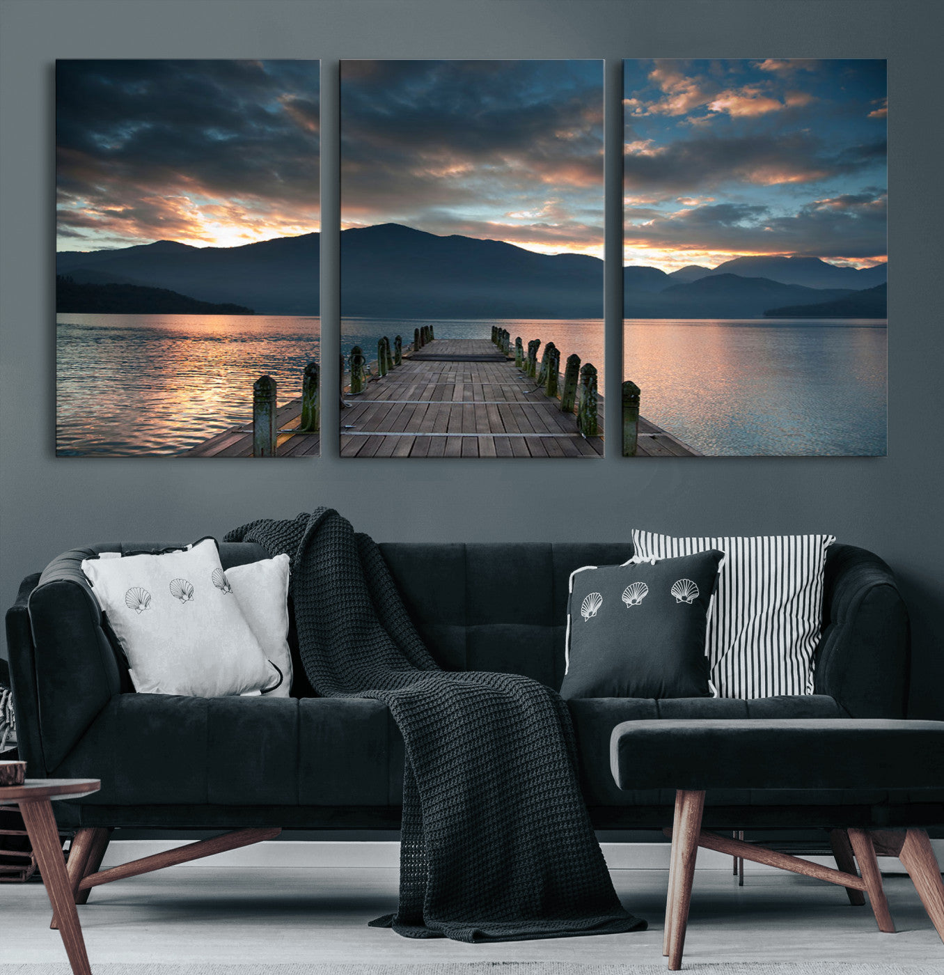 MGV-CV-60X30-3P - Mountain Lake Wood Pier Canvas Wall Art Nature Lake Print