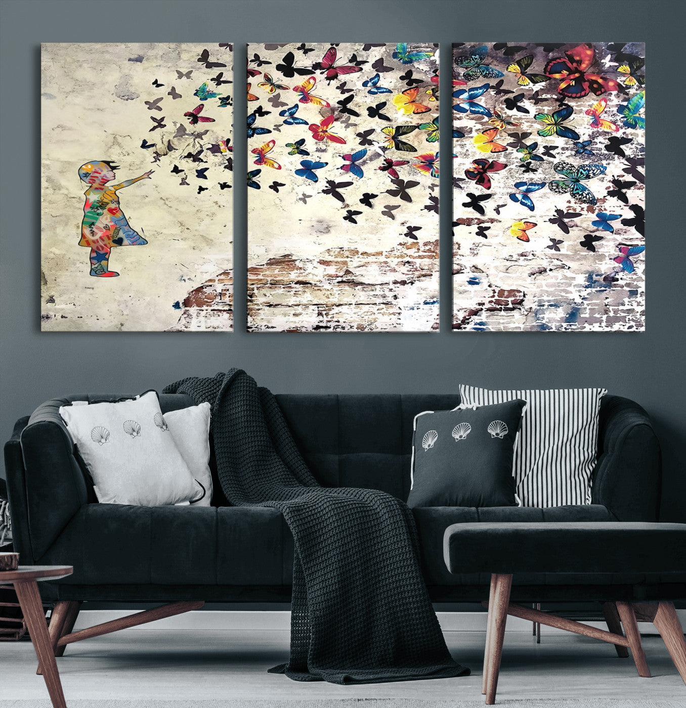 65208-MGV-CV-60X30-3P-Banksy Wall Art - Banksy Girl Butterfly Graffiti Wall Art Canvas Print - Butterfly Girl and Freedom