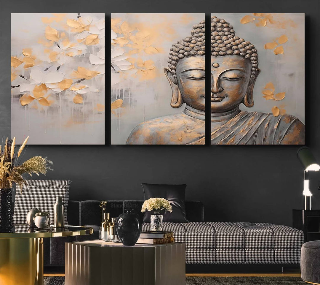 The serene dining room features Abstract Buddha Statue Wall Art.