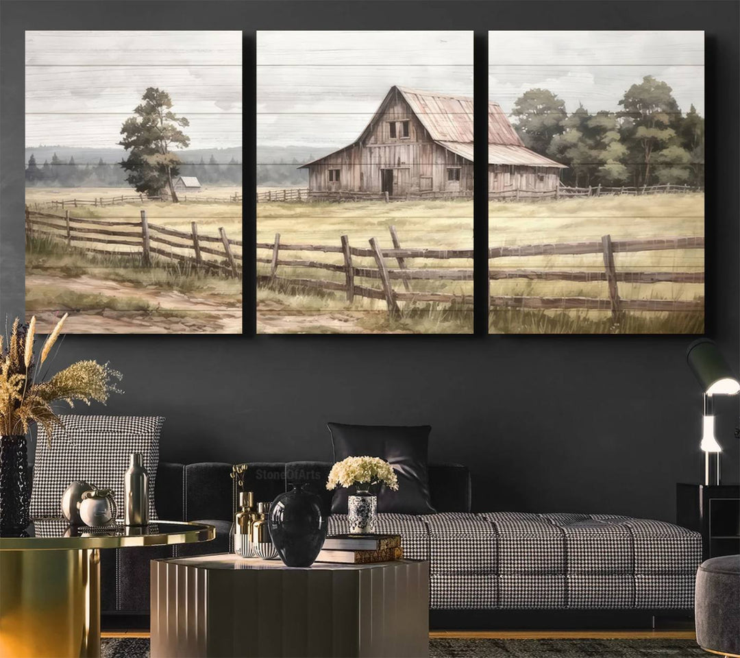 The wall is adorned with a Rustic Farmhouse Barn Wall Art.