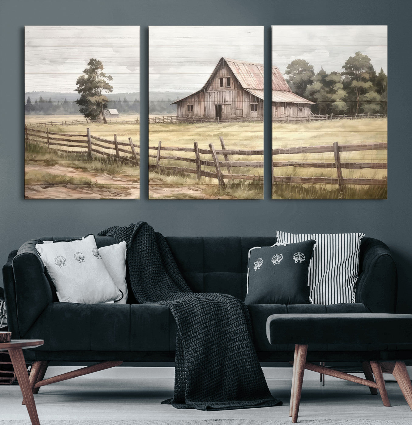 -Rustic Farmhouse Barn Wall Art | 3-Panel Framed Gallery Wrap Giclee Canvas Print for Living Room,