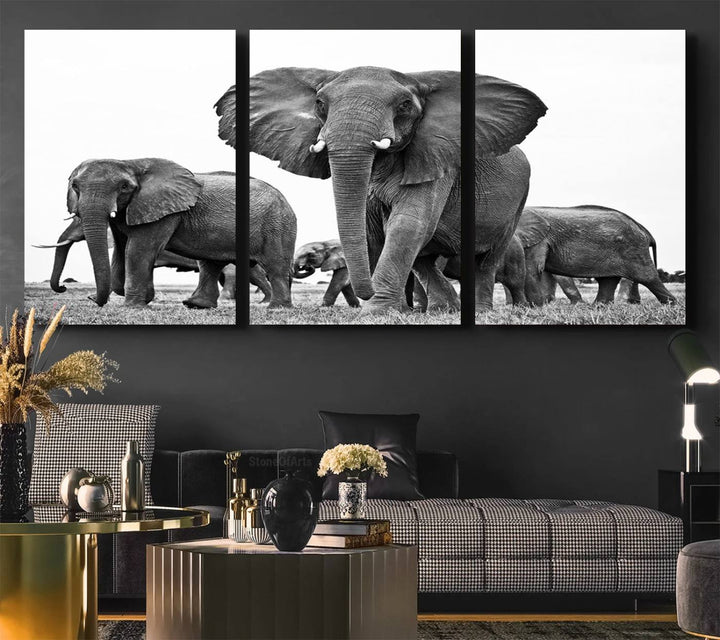 A modern dining area features a Black White Elephant Family Wall Art Canvas Print.