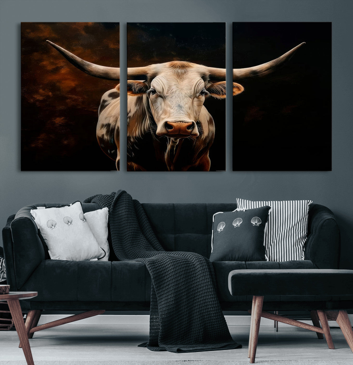 MGV-CV-60X30-3P - Texas Longhorn Wall Art | 3-Panel Large Texas Longhorn Canvas Print for Living Room, Office, or Farmhouse Decor | Framed Giclee Longhorn Wall Art