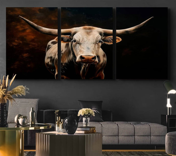 A large 3-panel Texas Longhorn canvas print dominates the space.