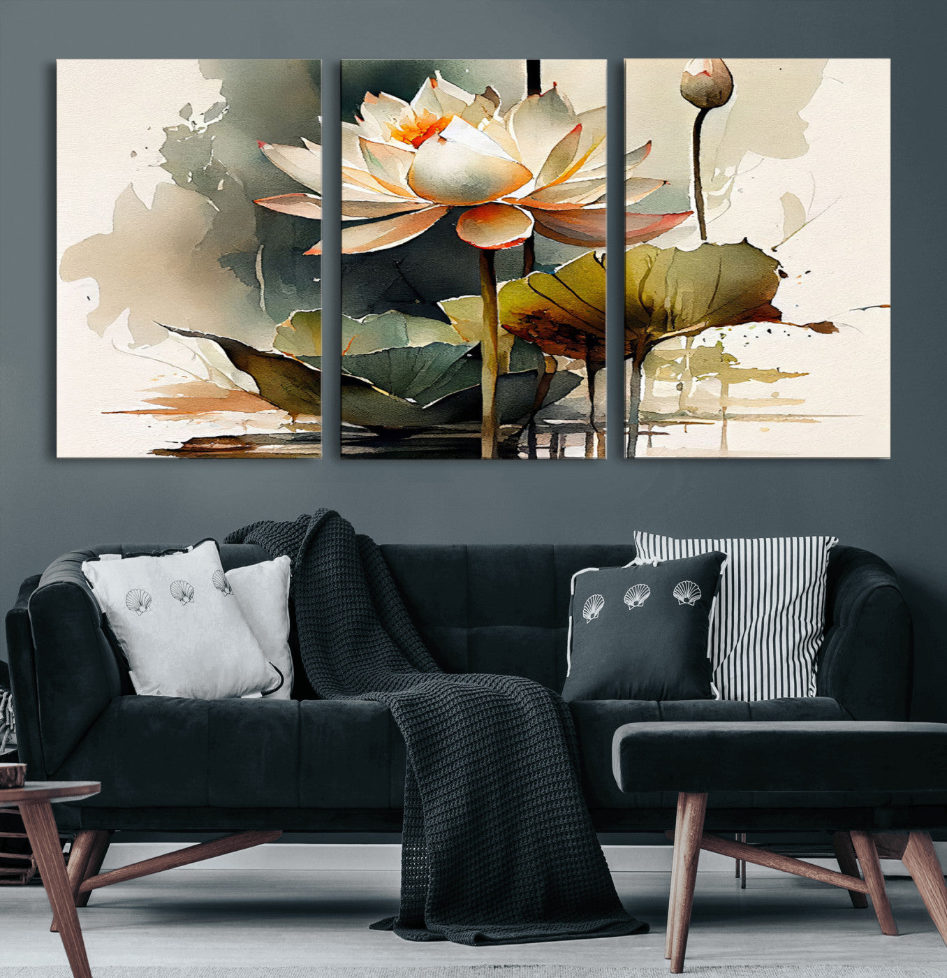 62531-MGV-CV-60X30-3P-Lotus Flower Watercolor Canvas Print – A Symbol of Serenity and Growth, Captured in Soft Watercolors