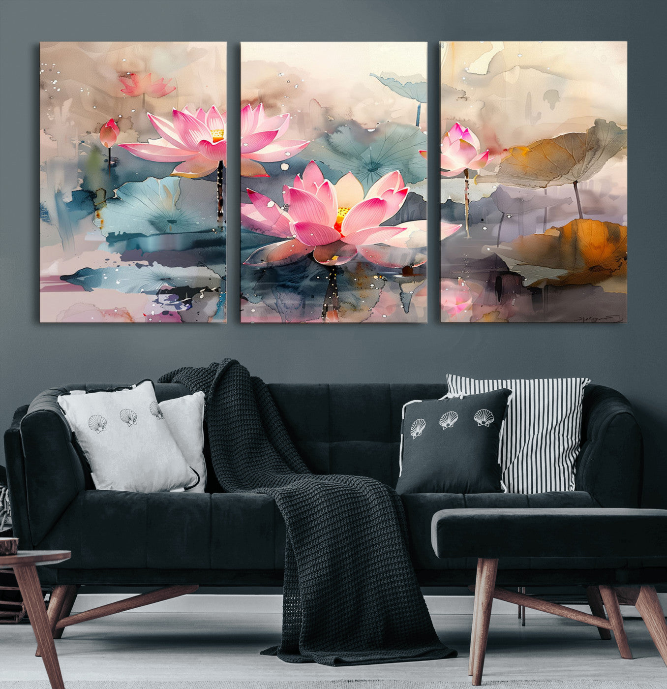 27936-MGV-CV-60X30-3P-Lotus Flower Wall Art | 3-Panel Giclee Canvas Print of Pink Lotus Blossoms for Living Room, Bedroom,