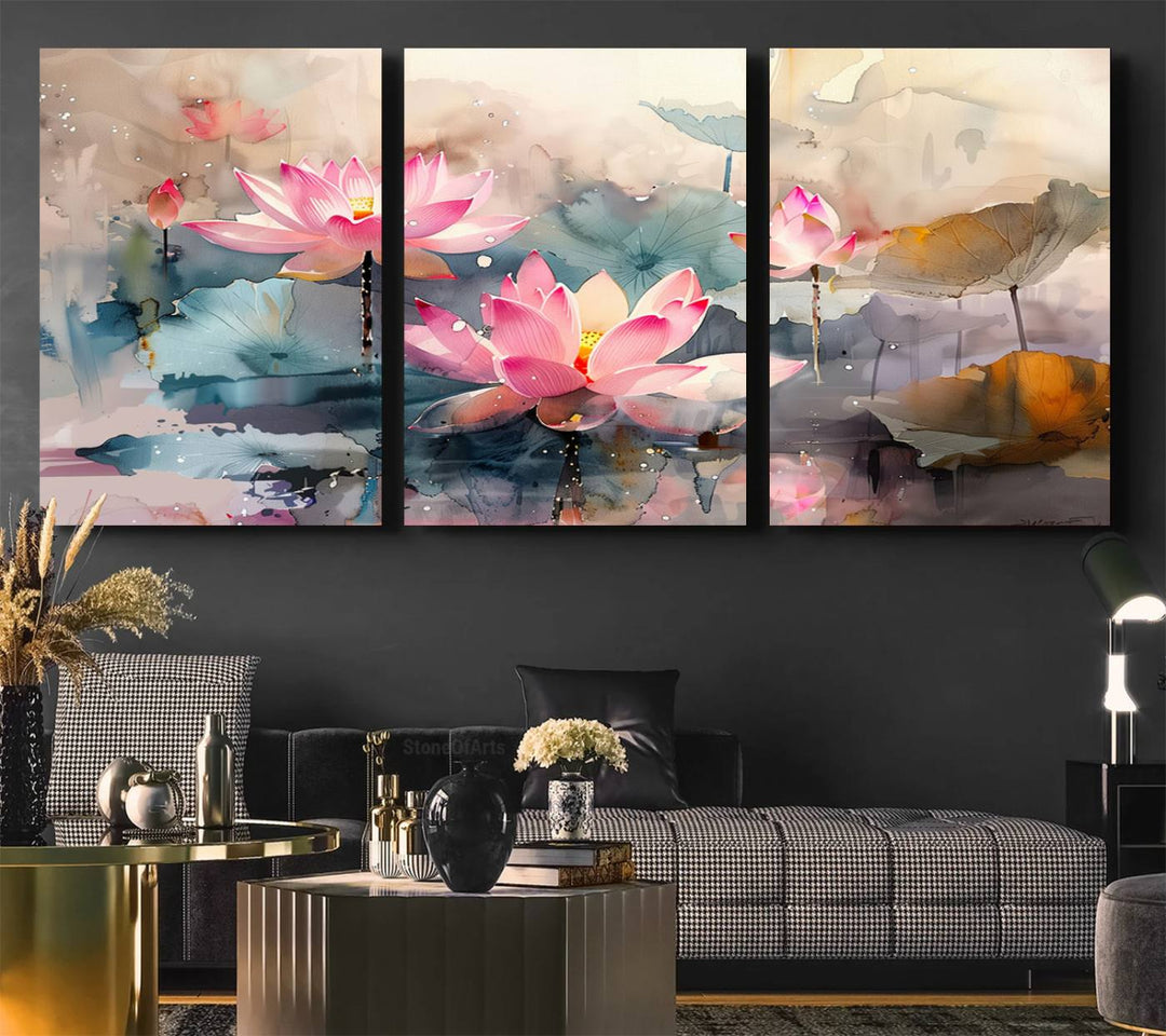 A pink lotus wall art adorns the space.