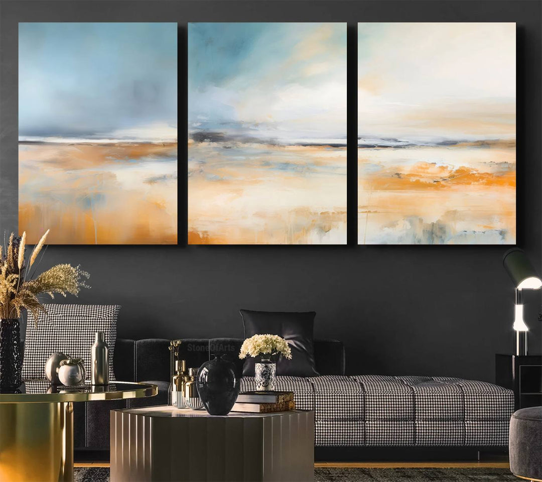 Abstract Landscape Wall Art in warm tones of orange and blue.