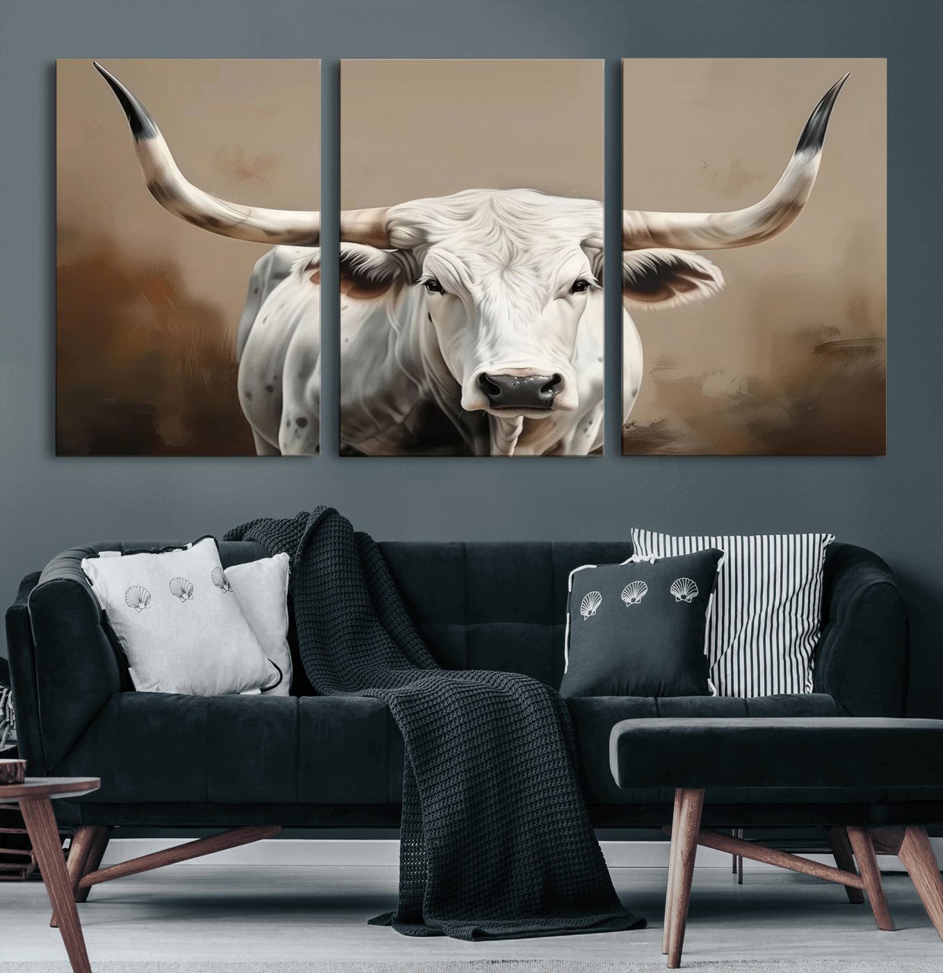 61423-MGV-CV-60X30-3P-White Longhorn Bull Wall Art Canvas Print – Framed and Ready to Hang – Perfect for Farmhouse and