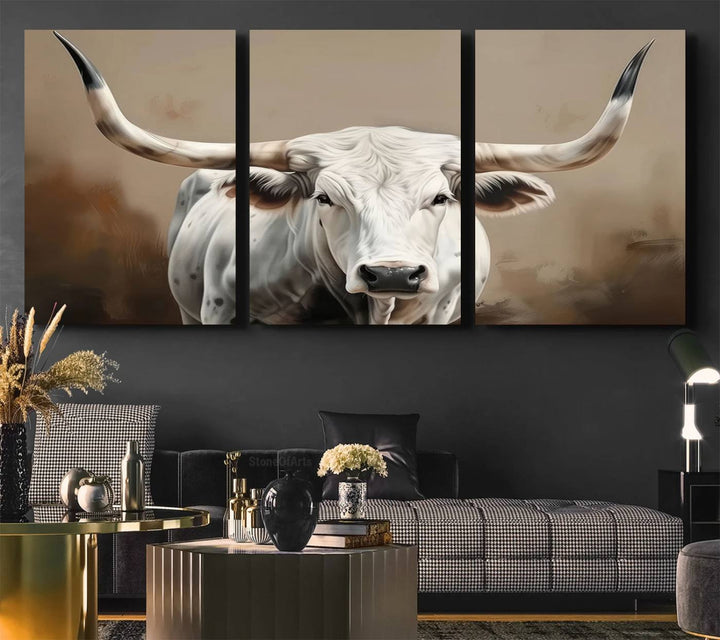 The kitchen features a striking canvas print of a Longhorn Bull.