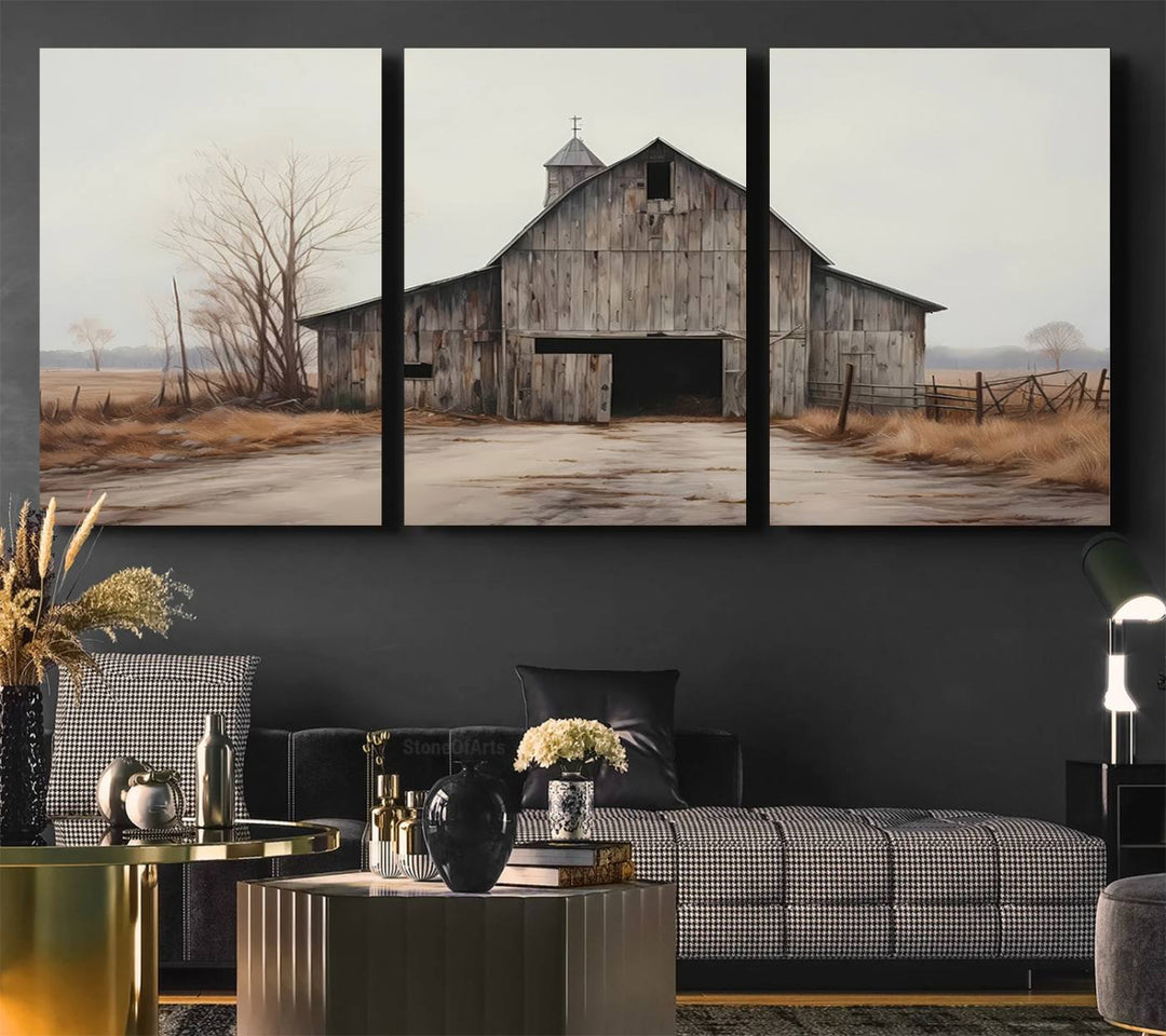 The Farmhouse Rustic Barn Wall Art Canvas Print, framed and ready to hang, enhances the farmhouse décor.