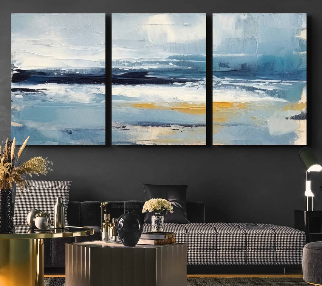 The Abstract Ocean Canvas Wall Art in coastal blue and gold enhances the modern kitchen.