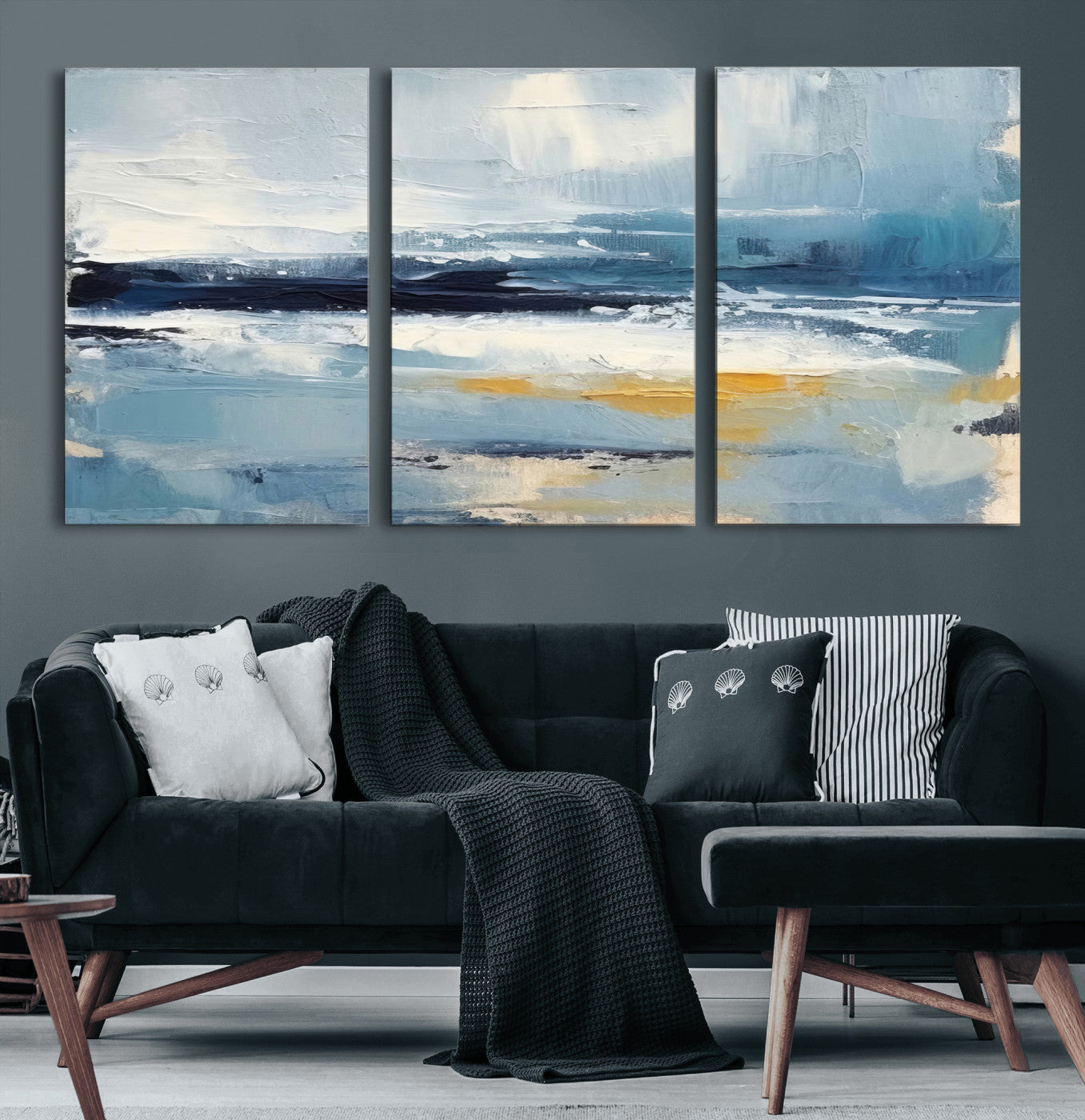 MGV-CV-60X30-3P - Abstract Ocean Canvas Wall Art - Coastal Blue and Gold Textured Painting, Modern Seascape Decor for Living Room Decor